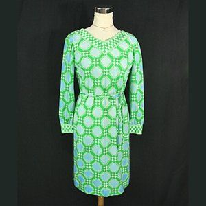 Vintage Collectors Anne Fogarty Checkered Long Sleeve Sheath Dress S M 1970s